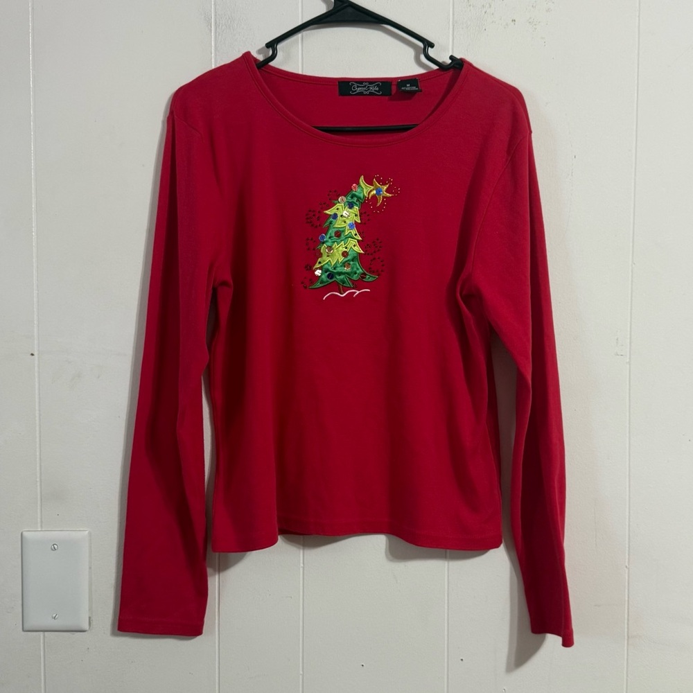 Festive Red Long‎ Sleeve Top with Tree Design